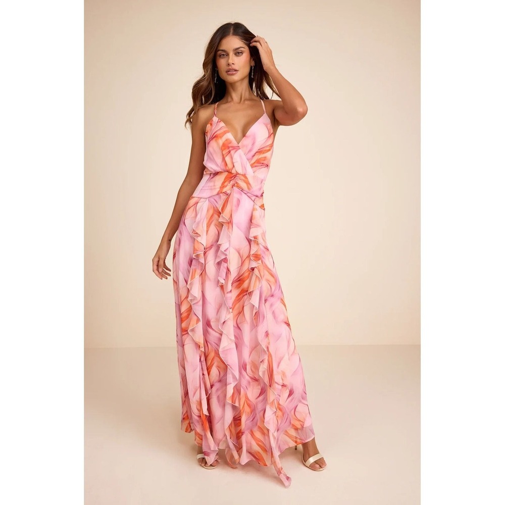 Lulus NWT Astraea Lilac and Orange Abstract Surplice Ruffled Maxi Dress - Large
